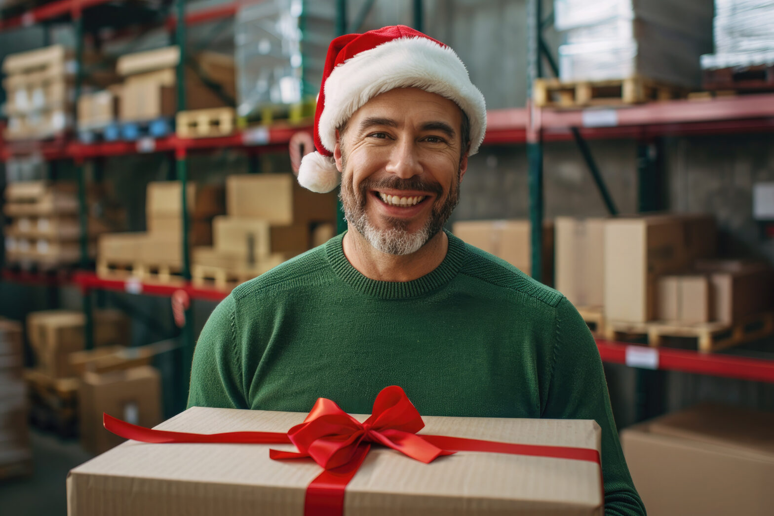 A man wearing a Santa hat carries a box with a red bow in a warehouse